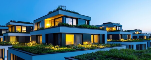 Poster - Modern eco-friendly houses with green roofs at dusk, illuminated windows.