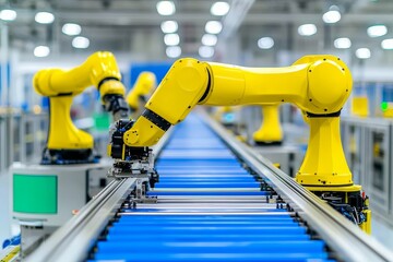 Poster - a contemporary automated production line in a factory, with robots operating.