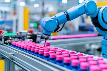 Poster - in a factory, a state-of-the-art automated production line where robots are at work.