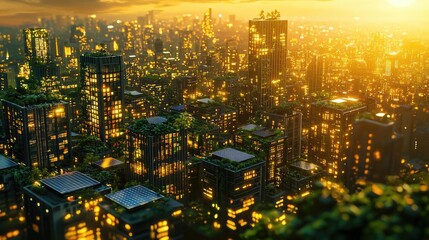 Poster - City skyline at sunset with glowing buildings and lush greenery atop rooftops.