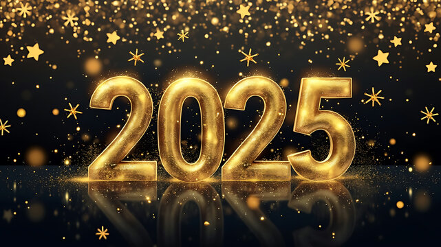 HAPPY NEW YEAR 2025. Golden yellow firework and champagne classes toasting on blue night texture with bokeh lights