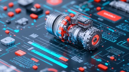 Poster - a factory scene featuring a computer screen showing a 3d model of a machine component.