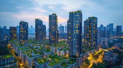 Poster - Urban skyline with modern skyscrapers and green rooftops at twilight.