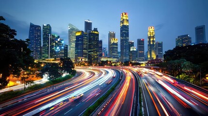 Poster - City skyline at night with illuminated skyscrapers and blurred light trails.
