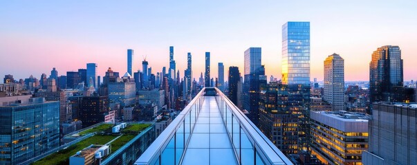 Poster - Stunning city skyline view at sunset from a rooftop perspective.