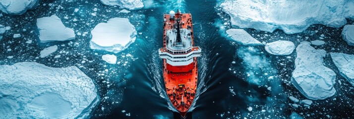 Aufkleber - Red icebreaker ship cuts through icy waters, surrounded by vast glaciers and floating icebergs in a dramatic Arctic landscape. Generative AI