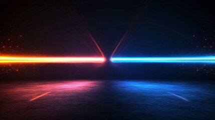 Poster - dynamic clash of blue and red light beams in a dark environment showcasing vibrant energy and contra