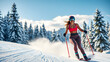 © icemanphotos - Female skier on slope in winter mountains. Warm sunny day sexy sport clothes brunette woman skiing down fast. Freedom carefree outdoor recreational activity. Amazing mood, joy. Ai generated