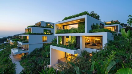 Poster - Modern eco-friendly houses with greenery, sunset view, stylish design, serene atmosphere.