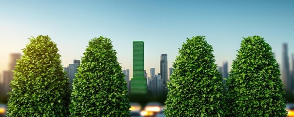 Poster - Green trees with city skyline backdrop under a clear blue sky.