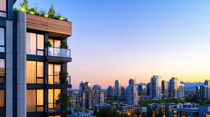 Poster - Modern building with a view of city skyline at sunset, clear sky background.