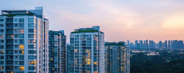 Poster - Modern high-rise buildings under a colorful sunset skyline.