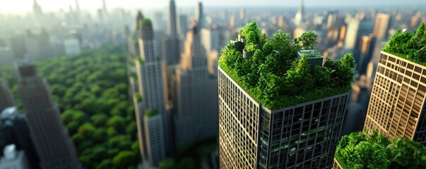 Poster - Modern skyscrapers with green roofs, overlooking an urban landscape.