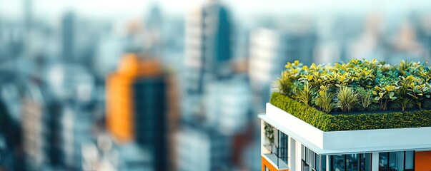 Poster - Modern building with green rooftop garden in urban setting.