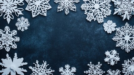 Aufkleber - Delicate paper snowflakes are arranged on a dark surface, providing ample space for adding messages or holiday greetings. Generative AI