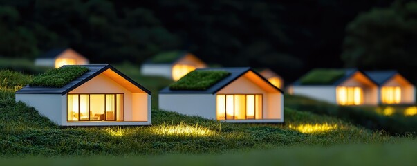 Aufkleber - Modern eco-friendly houses illuminated at night in a serene landscape.