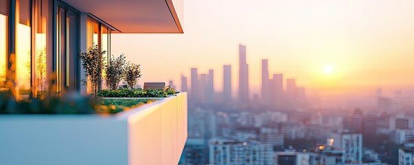 Poster - Balcony view at sunset with city skyline in the background.