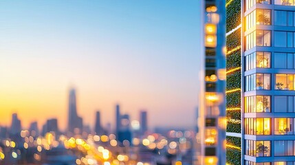 Poster - Modern skyscraper with glowing windows at twilight, city skyline in the background