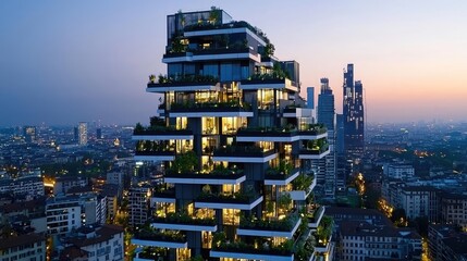 Poster - Modern skyscraper with terrace gardens against twilight skyline.