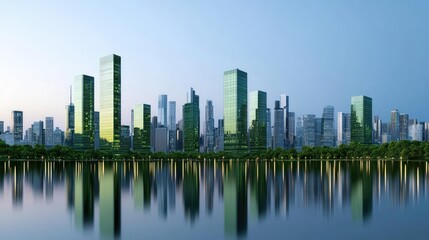 Poster - Modern city skyline with reflective water surface and green buildings.