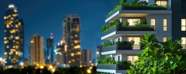 Poster - Modern apartment building with greenery, city skyline at night, vibrant urban lifestyle.