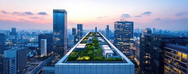 Poster - City skyline with rooftop garden at sunset, showcasing urban greenery.