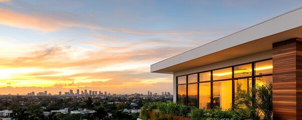 Poster - Modern house with large windows overlooking a vibrant sunset in the city.