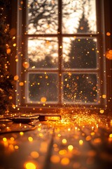 Wall Mural - Golden bokeh lights. Christmas golden abstract background with festive sparkles by a vintage window.