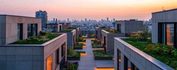 Poster - Modern rooftops with greenery at sunset in an urban landscape.