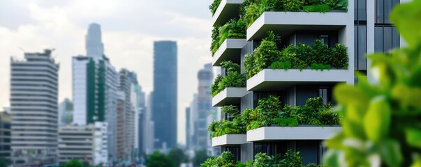 Poster - Modern building with greenery, urban landscape, and skyscrapers in the background.