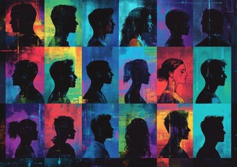 Poster - Vibrant Silhouettes of Diverse Profiles in a Colorful Grid Showcasing Individuality and Expression in a Modern Artistic Style