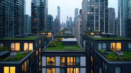 Poster - Modern cityscape with green rooftops and glass buildings at dusk.