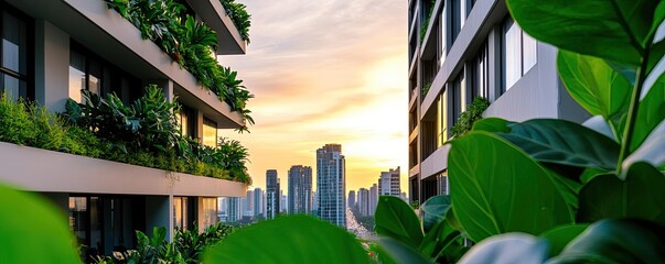 Poster - Modern architecture with lush greenery and a vibrant sunset in the background.