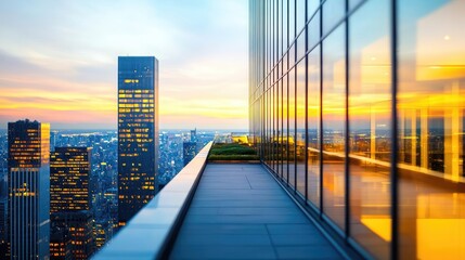 Poster - Modern skyline view with reflections during sunset from a high-rise building