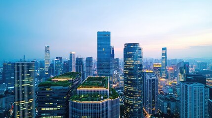 Poster - Modern city skyline with skyscrapers under a twilight sky.