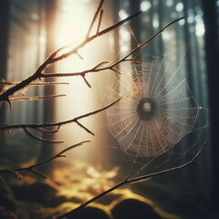 Wall Mural - Spider Web Between Two Branches A spider web stretched between t