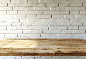 Poster - Wooden kitchen countertop with a white brick wall background, the interior design of a modern home or apartment. 