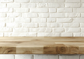 Poster - Wooden kitchen countertop with a white brick wall background, the interior design of a modern home or apartment. 