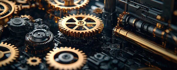 Poster - Golden gears on a dark background, close-up view, mechanical parts composite.