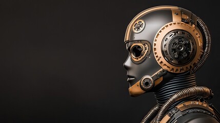Poster - Futuristic robotic head in profile with intricate metallic details, dark background.
