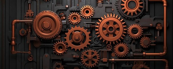 Aufkleber - Intricate gears and pipes in rust color, isolated on a dark background.