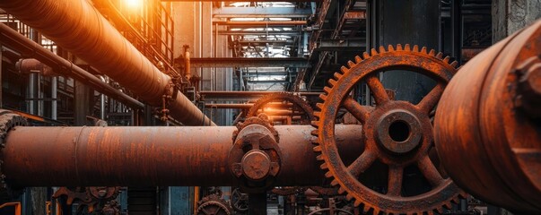 Poster - Industrial pipes and gears with warm light, creating a mechanical ambiance.