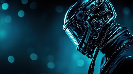 Poster - Futuristic cyborg with intricate mechanical details on a blue bokeh background