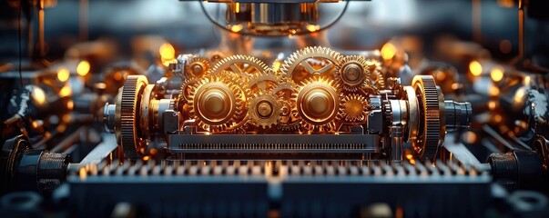 Poster - Golden gears working in a mechanical system against a blurred industrial background.