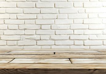 Poster - Wooden kitchen countertop with a white brick wall background, the interior design of a modern home or apartment. 
