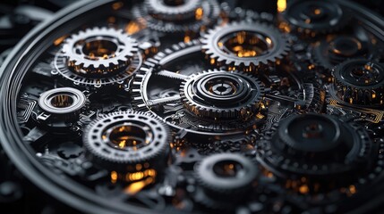Fototapete - Intricate arrangement of mechanical gears with glowing elements on a dark background.