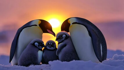 Wall Mural - emperor penguins with their chicks at sunset.
