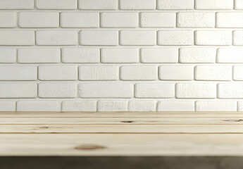 Poster - Wooden kitchen countertop with a white brick wall background, the interior design of a modern home or apartment. 