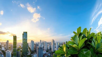 Poster - City skyline at sunset with lush greenery in the foreground against a blue sky.