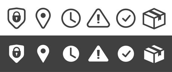 Poster - Simple line stroke icons set vector graphic pictogram, shield protection lock secure linear sign, map pin pointer symbol, clock watch time outline, caution warning label, check mark, delivery package 